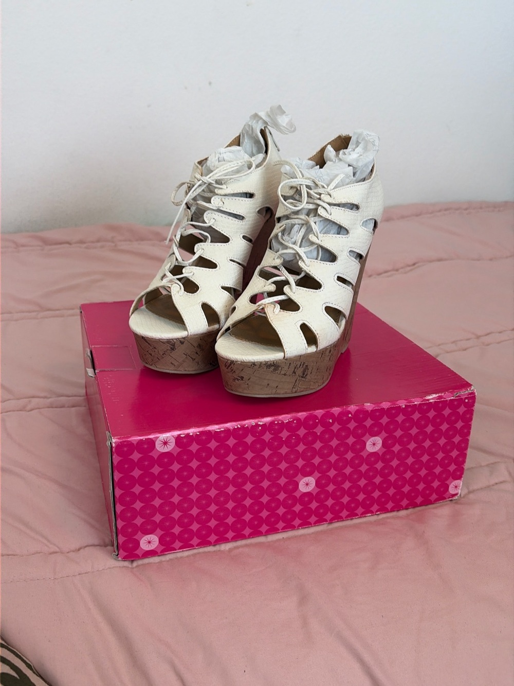 Shoe Dazzle White Lace-Up Cork Platform Wedges
